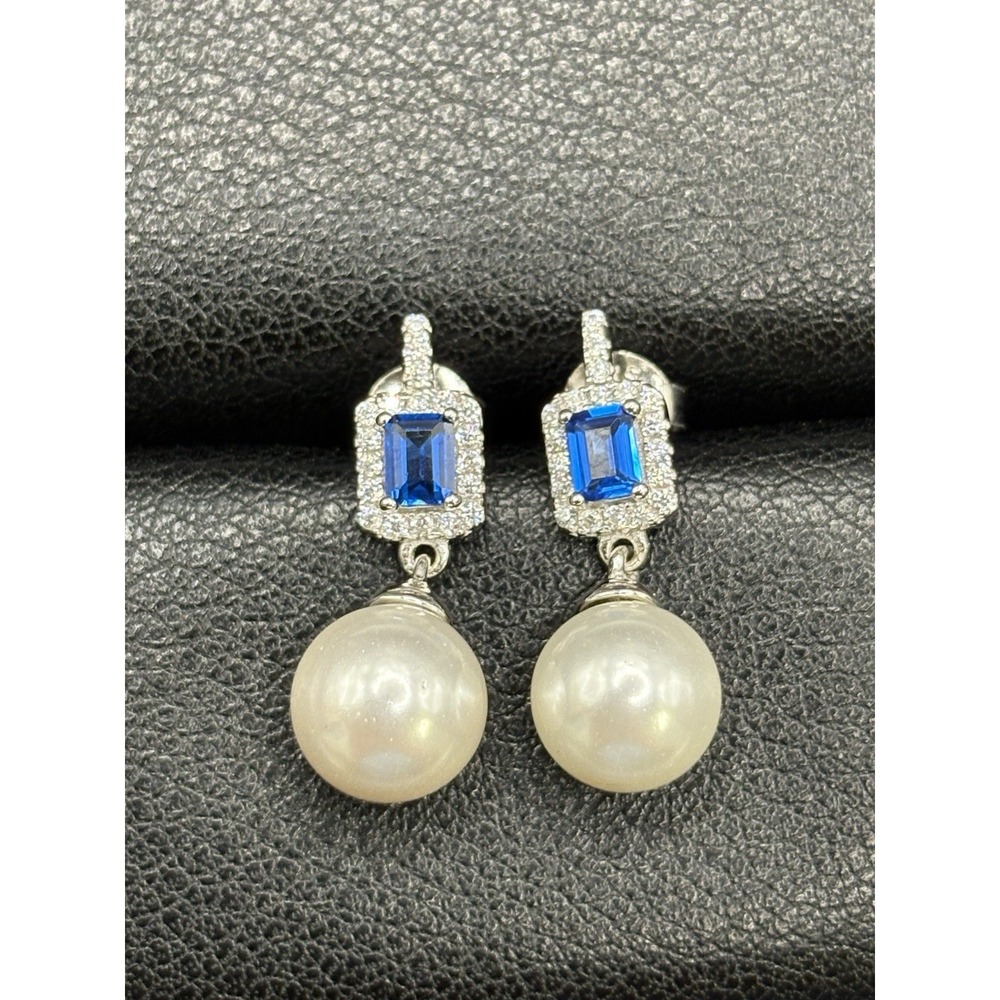 New Condition Sterling Silver Pearl Cubic Zirconia Dangle Earrings 925 E22
